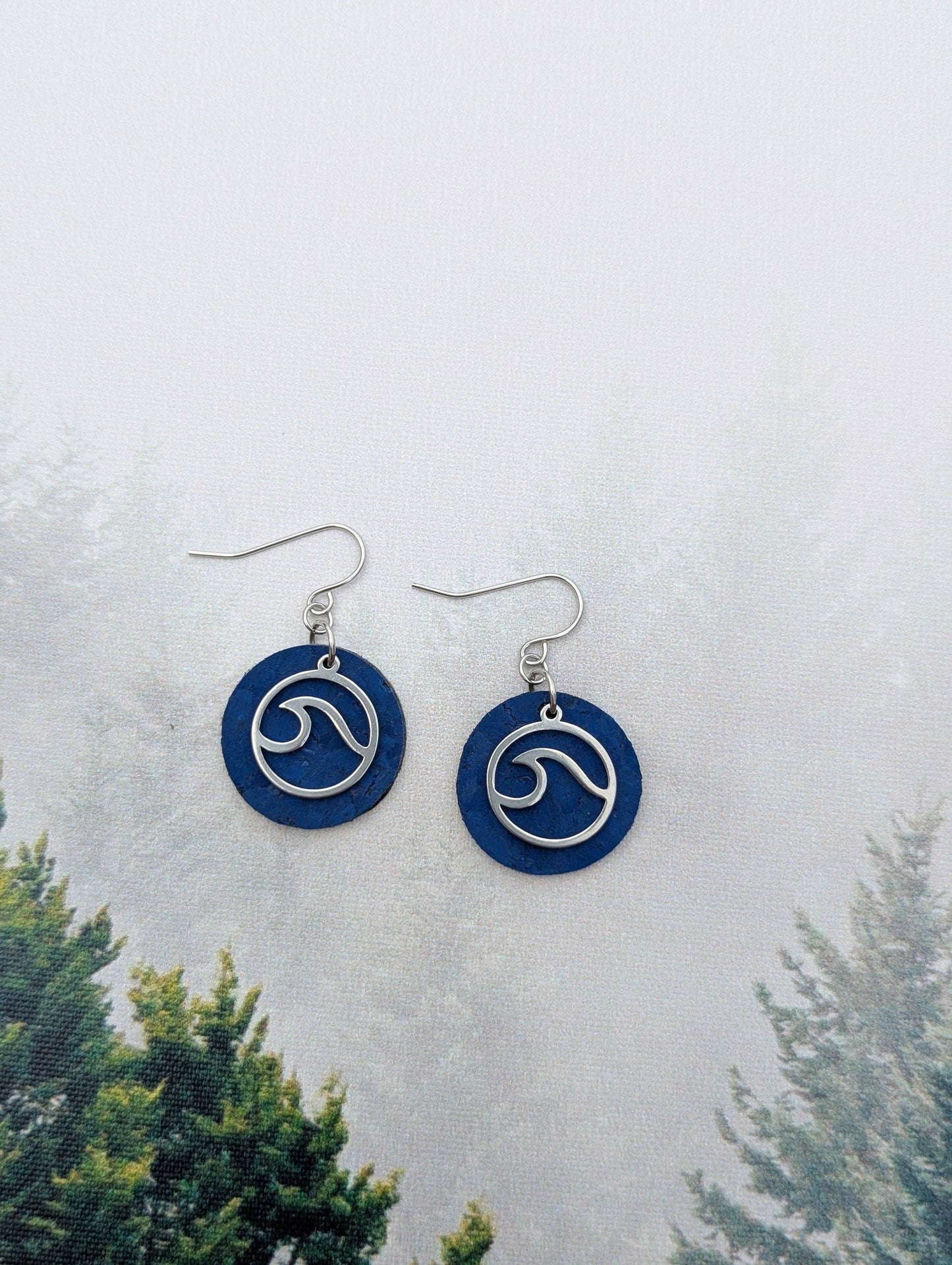 KORK Cork Earrings - Small Round Blue W/ Wave Charm