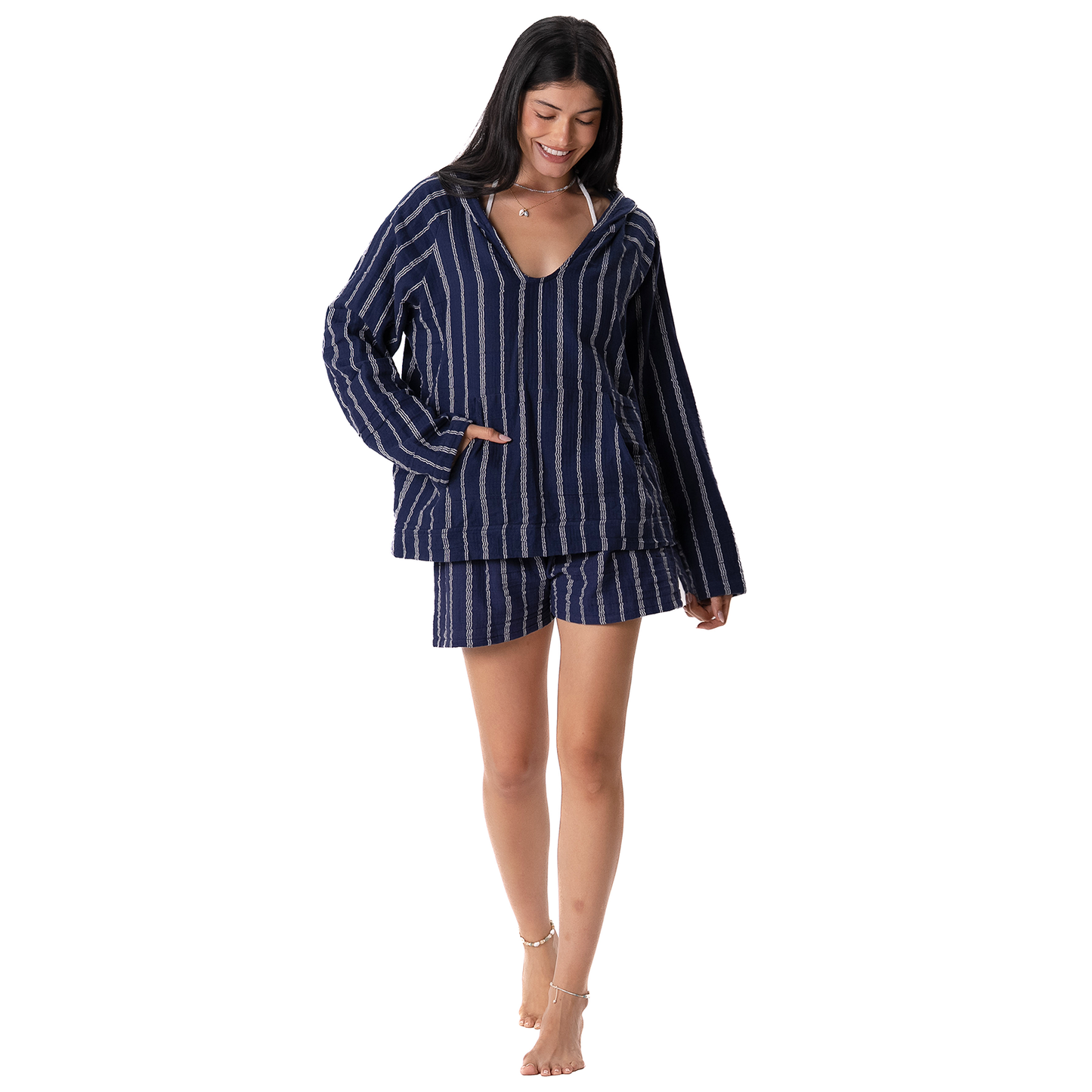 Lotus and Luna - Navy Sailor Stripe Baja Pullover Hoodie
