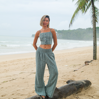 Lotus and Luna - Sage Sailor Stripe Wide Leg Cotton Pants