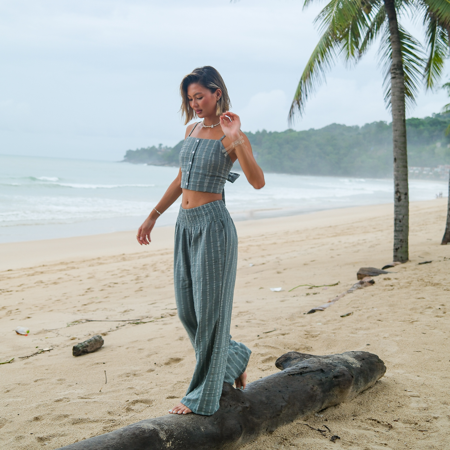Lotus and Luna - Sage Sailor Stripe Wide Leg Cotton Pants