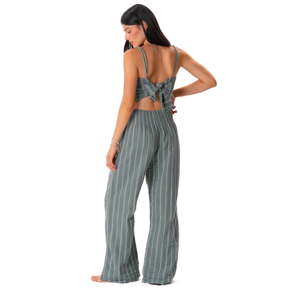 Lotus and Luna - Sage Sailor Stripe Wide Leg Cotton Pants