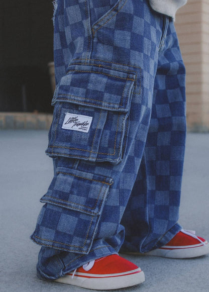Little Trouble - Checkered Baggy Blue Jeans