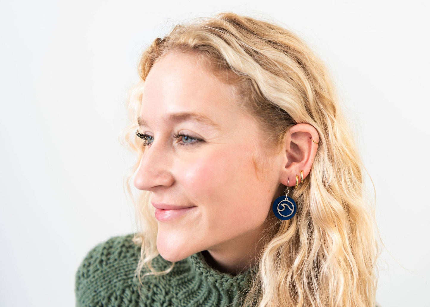 KORK  Cork Earrings - Small Round Blue W/ Wave Charm