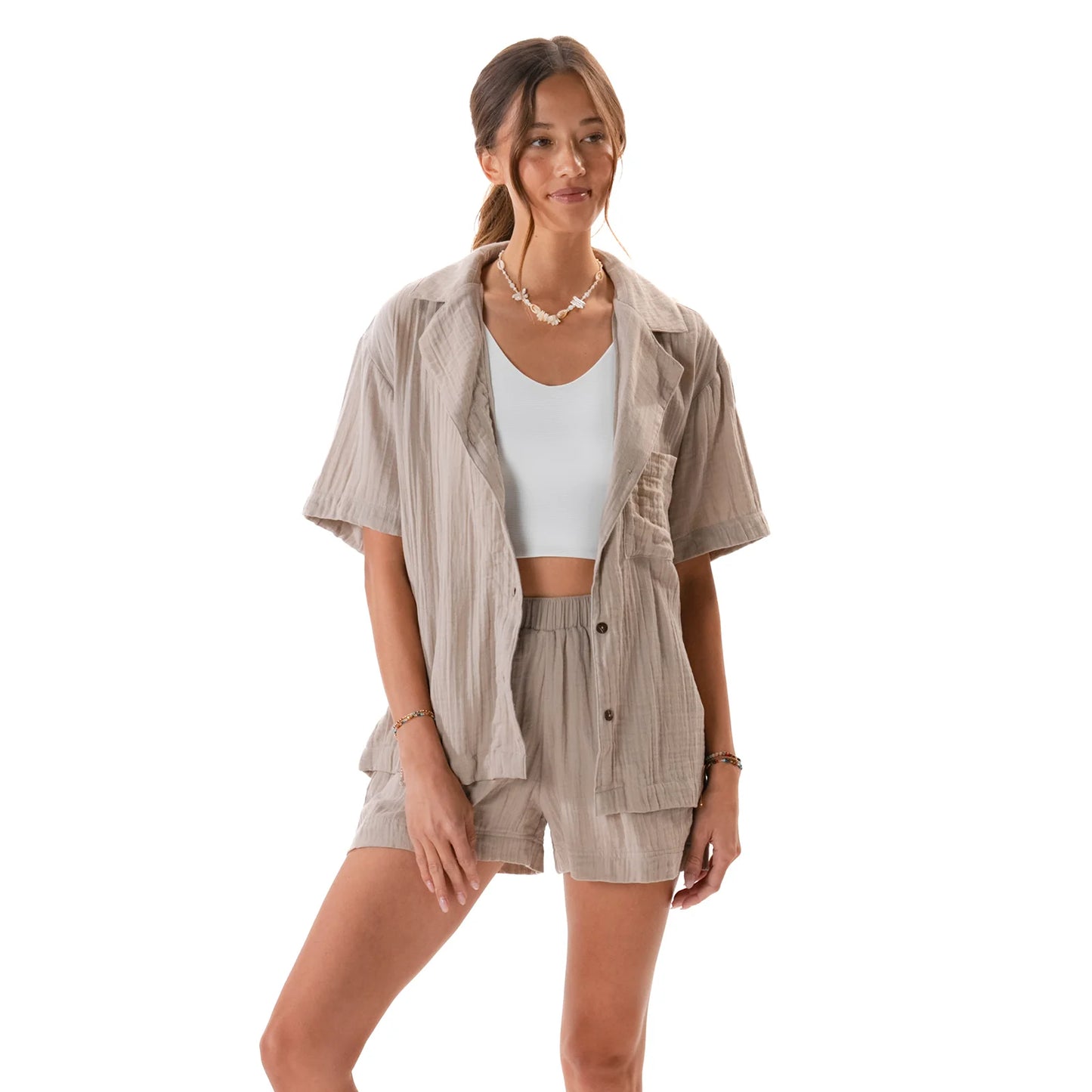 Lotus and Luna - Stone Shelly Short Sleeve Button Down Shirt
