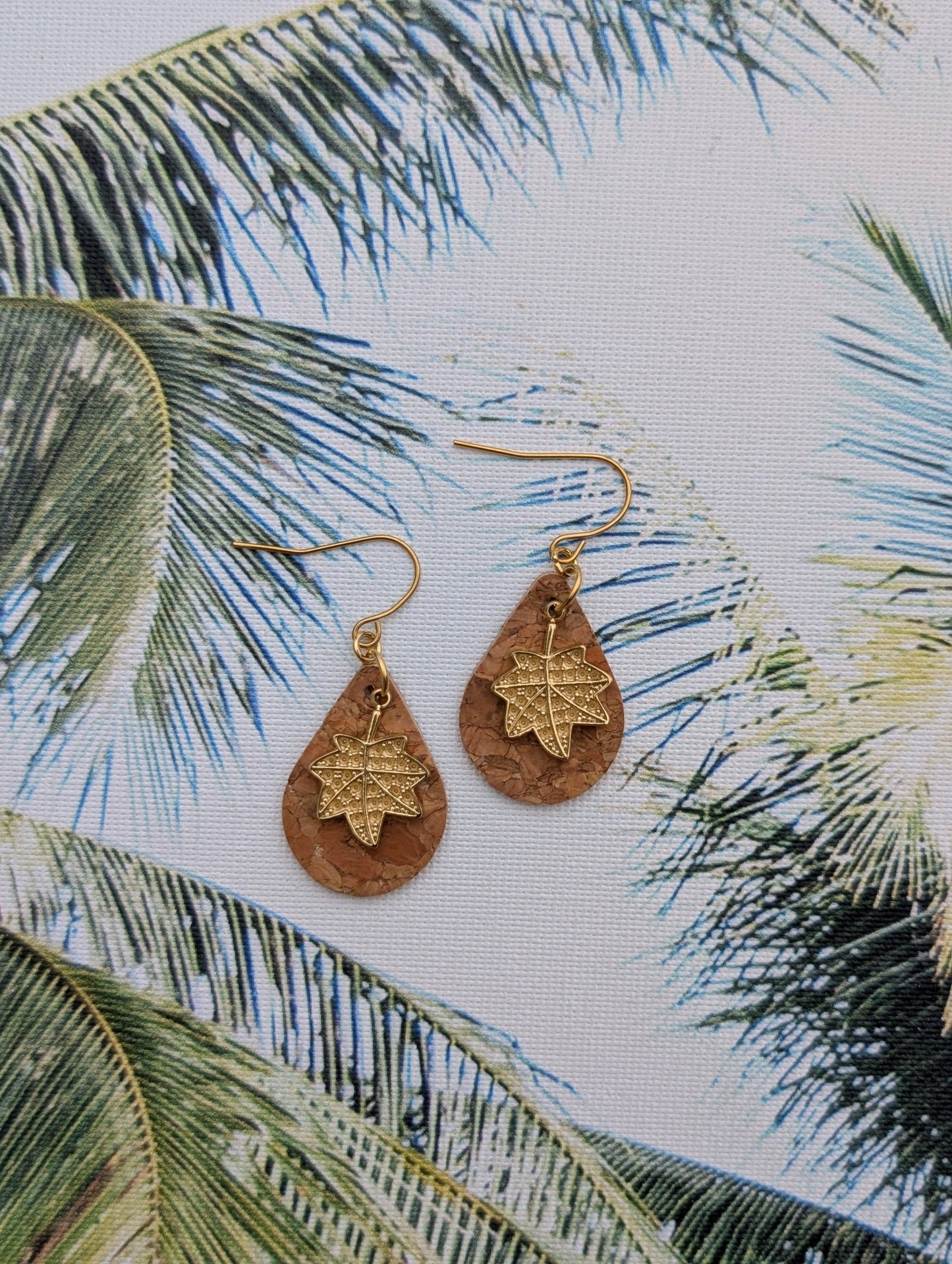 KORK Cork Earrings - Small Teardrop W/ Rhinestone Leaf Charm