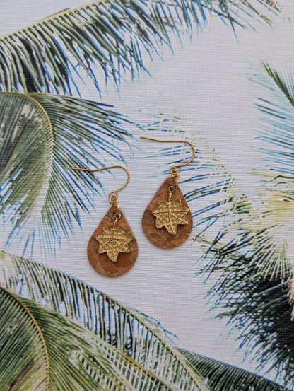 KORK Cork Earrings - Small Teardrop W/ Rhinestone Leaf Charm