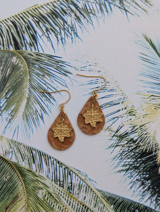KORK Cork Earrings - Small Teardrop W/ Rhinestone Leaf Charm