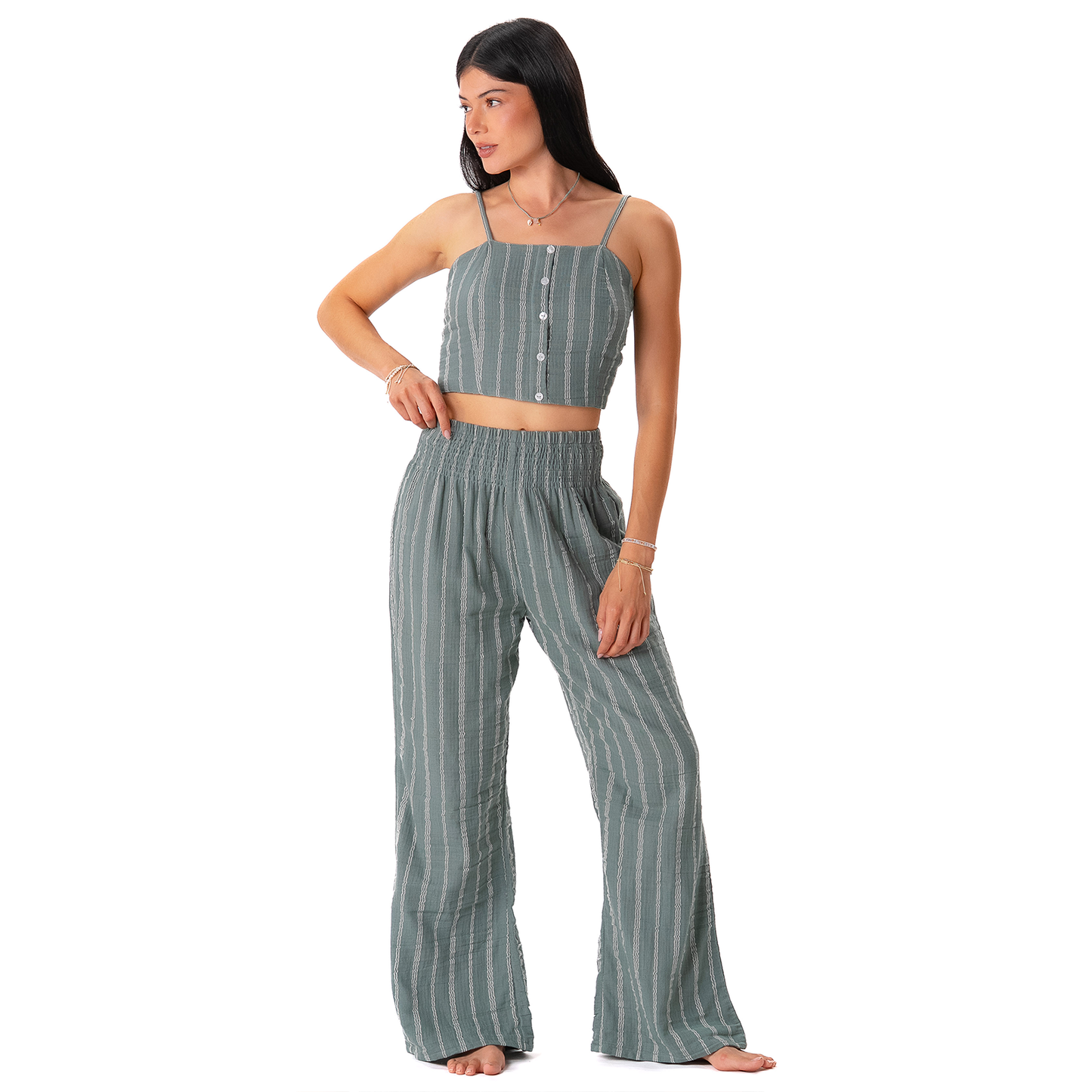 Lotus and Luna - Sage Sailor Stripe Wide Leg Cotton Pants