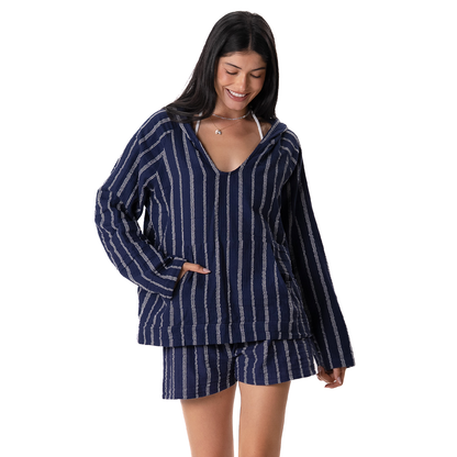 Lotus and Luna - Navy Sailor Stripe Baja Pullover Hoodie