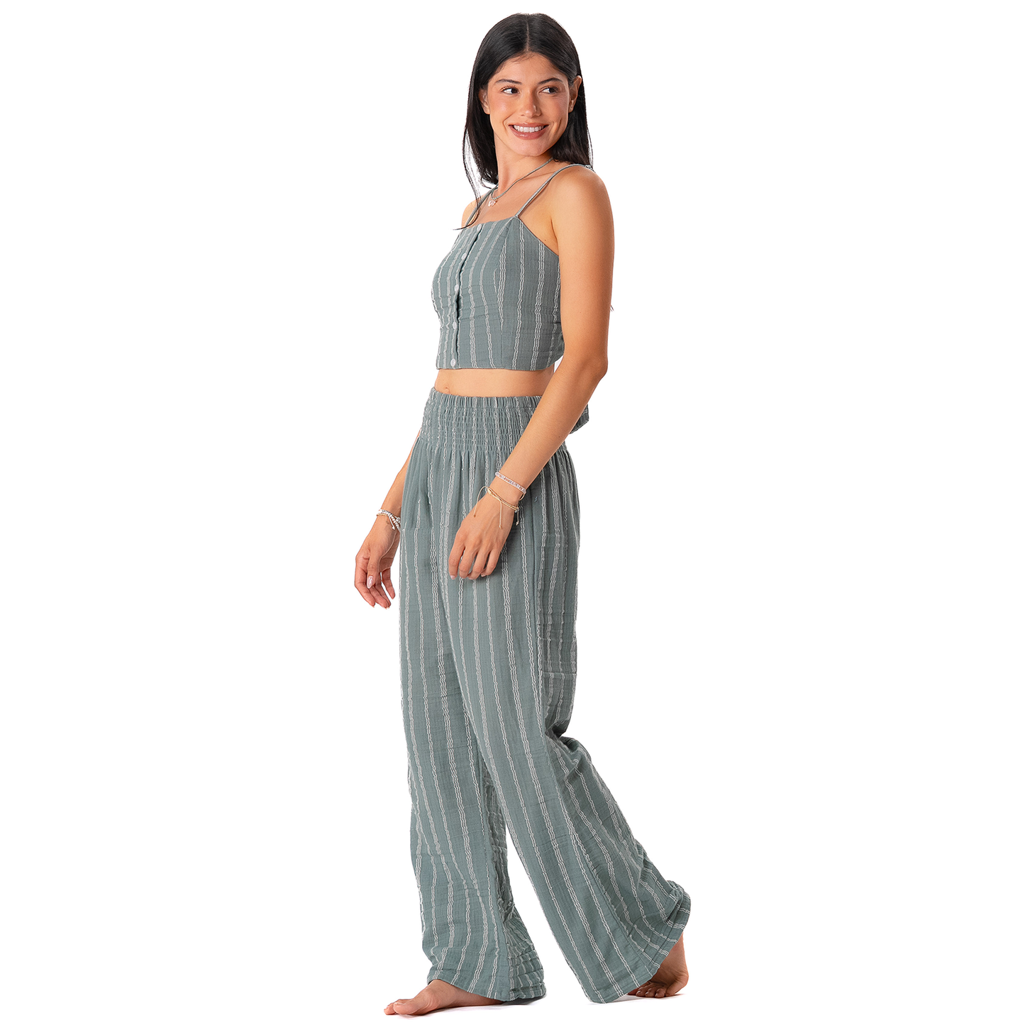 Lotus and Luna - Sage Sailor Stripe Wide Leg Cotton Pants