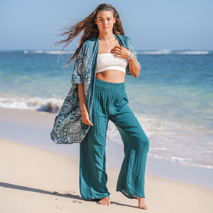 Verdigris Wide Leg Cotton Pants