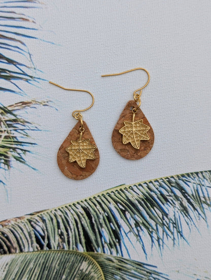 KORK Cork Earrings - Small Teardrop W/ Rhinestone Leaf Charm