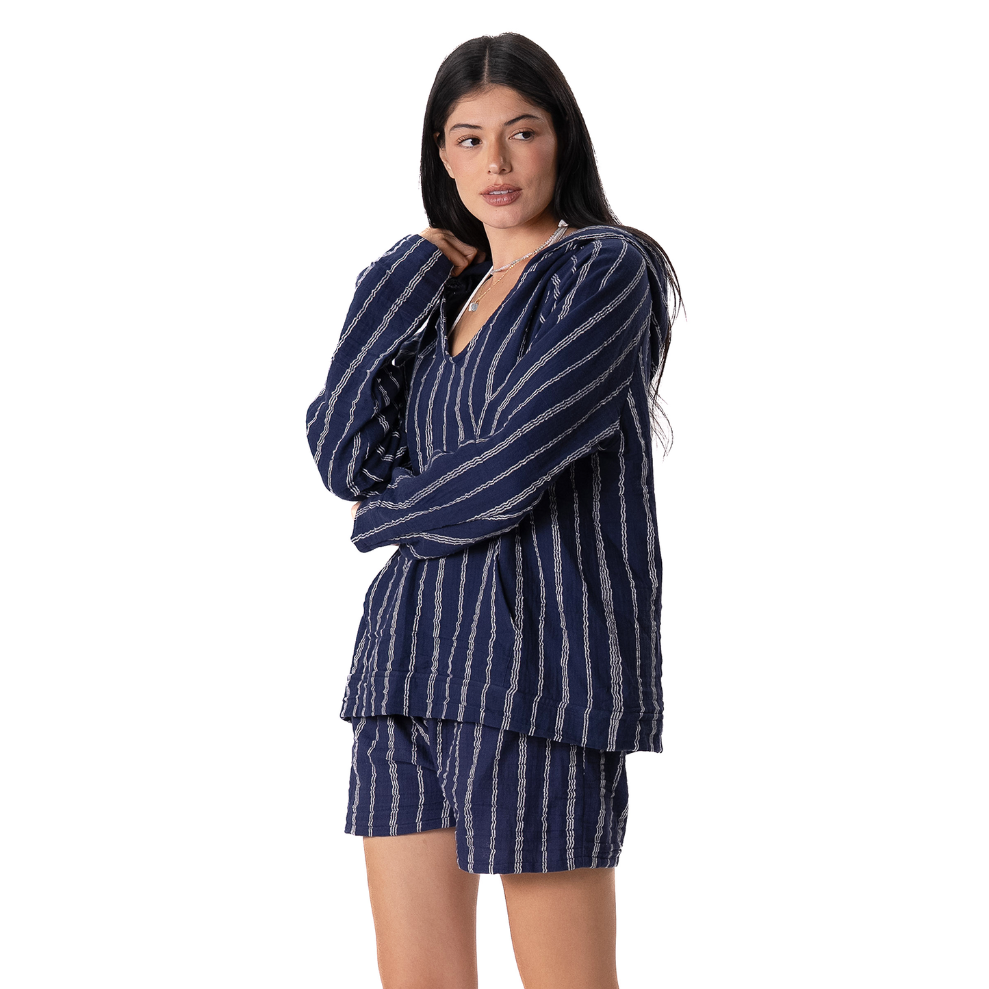 Lotus and Luna - Navy Sailor Stripe Baja Pullover Hoodie