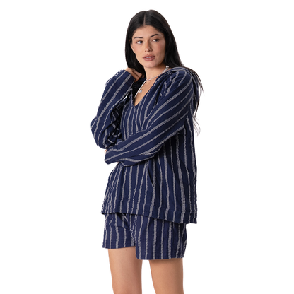 Lotus and Luna - Navy Sailor Stripe Baja Pullover Hoodie