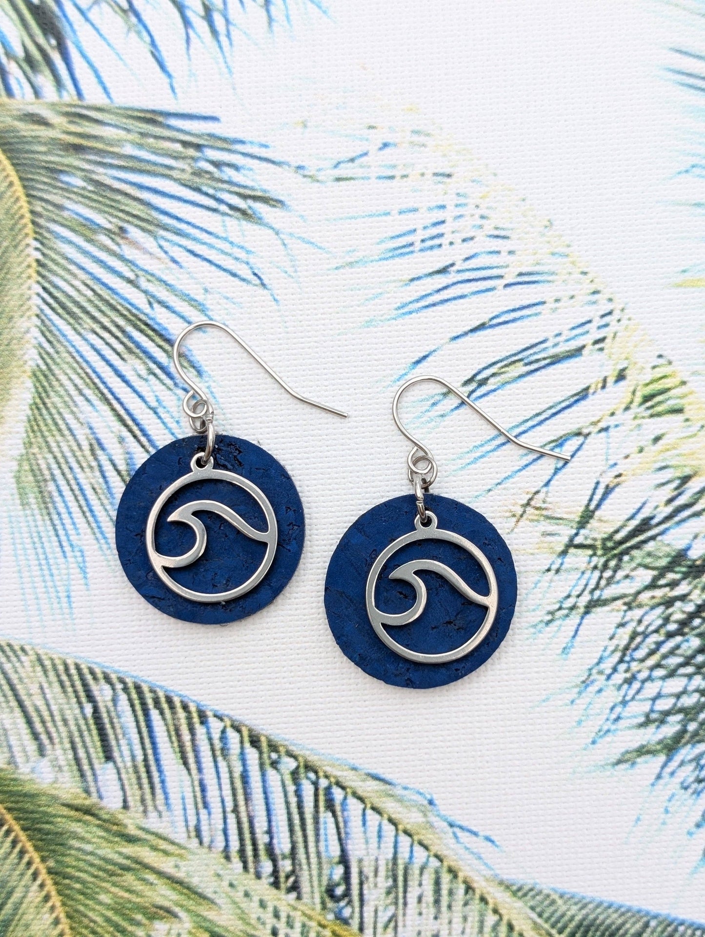 KORK  Cork Earrings - Small Round Blue W/ Wave Charm