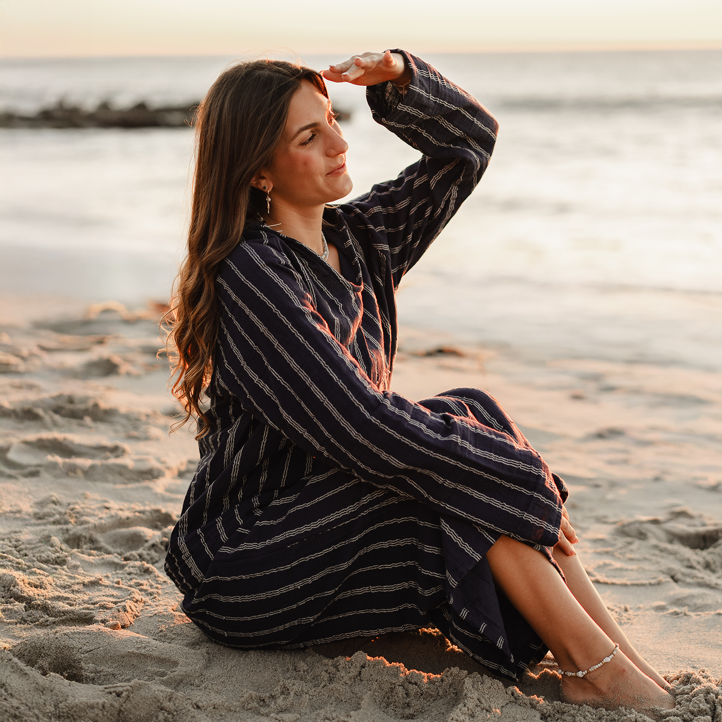 Lotus and Luna - Navy Sailor Stripe Baja Pullover Hoodie
