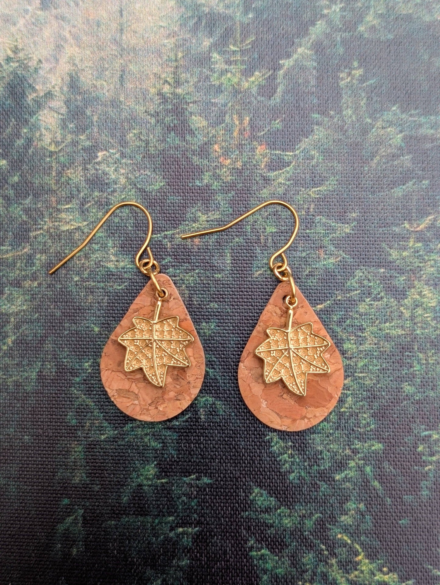 KORK Cork Earrings - Small Teardrop W/ Rhinestone Leaf Charm