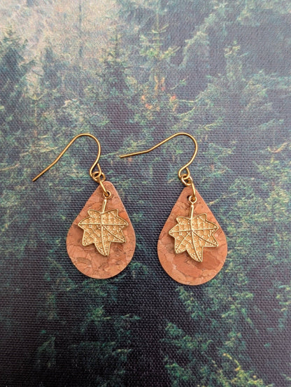KORK Cork Earrings - Small Teardrop W/ Rhinestone Leaf Charm